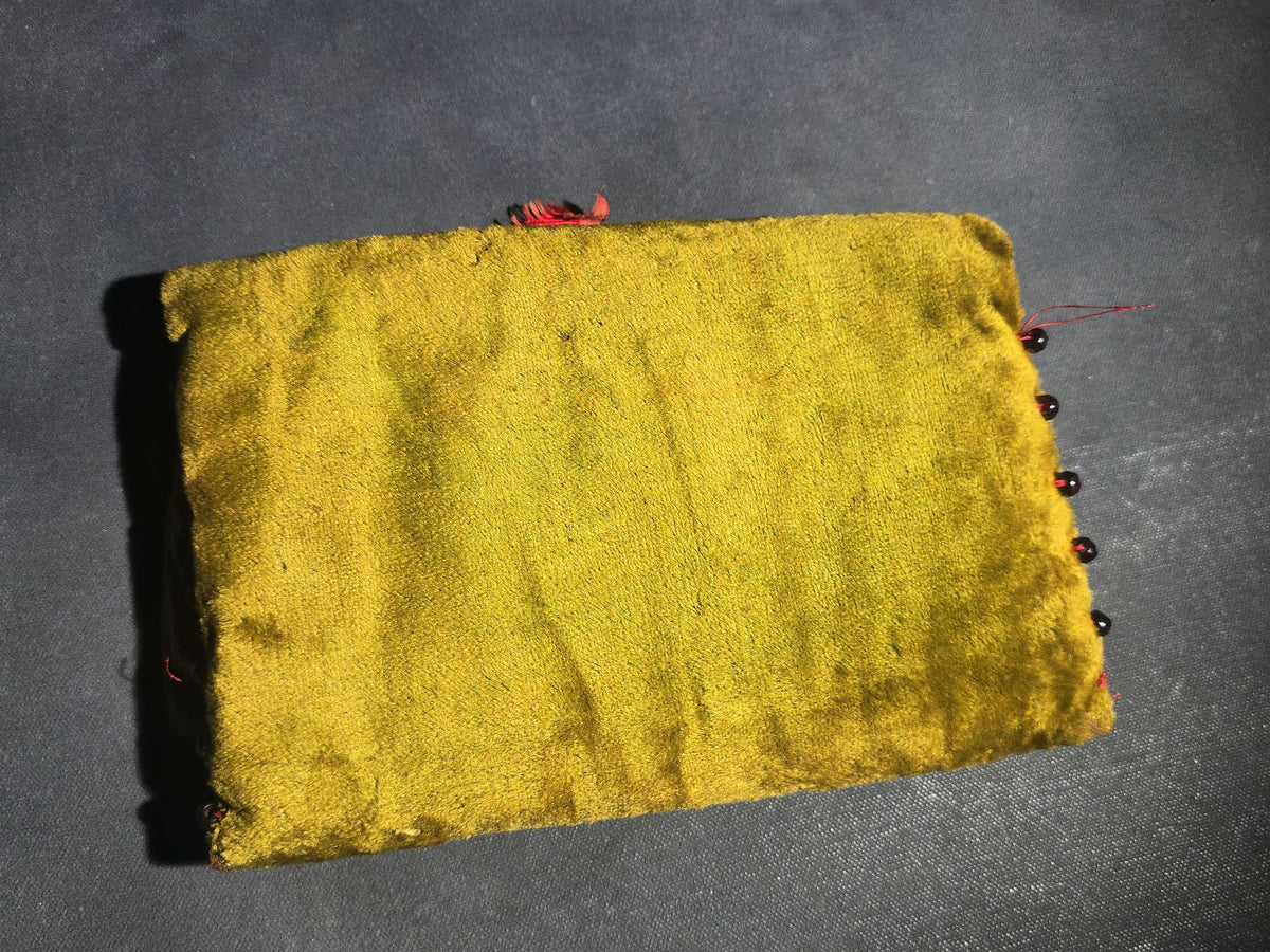 Antique Victorian Velvet Pouch with Ribbon Bow, Passementerie Trim, and Glass Bead Edging, Interior Marked "Annie E. B."