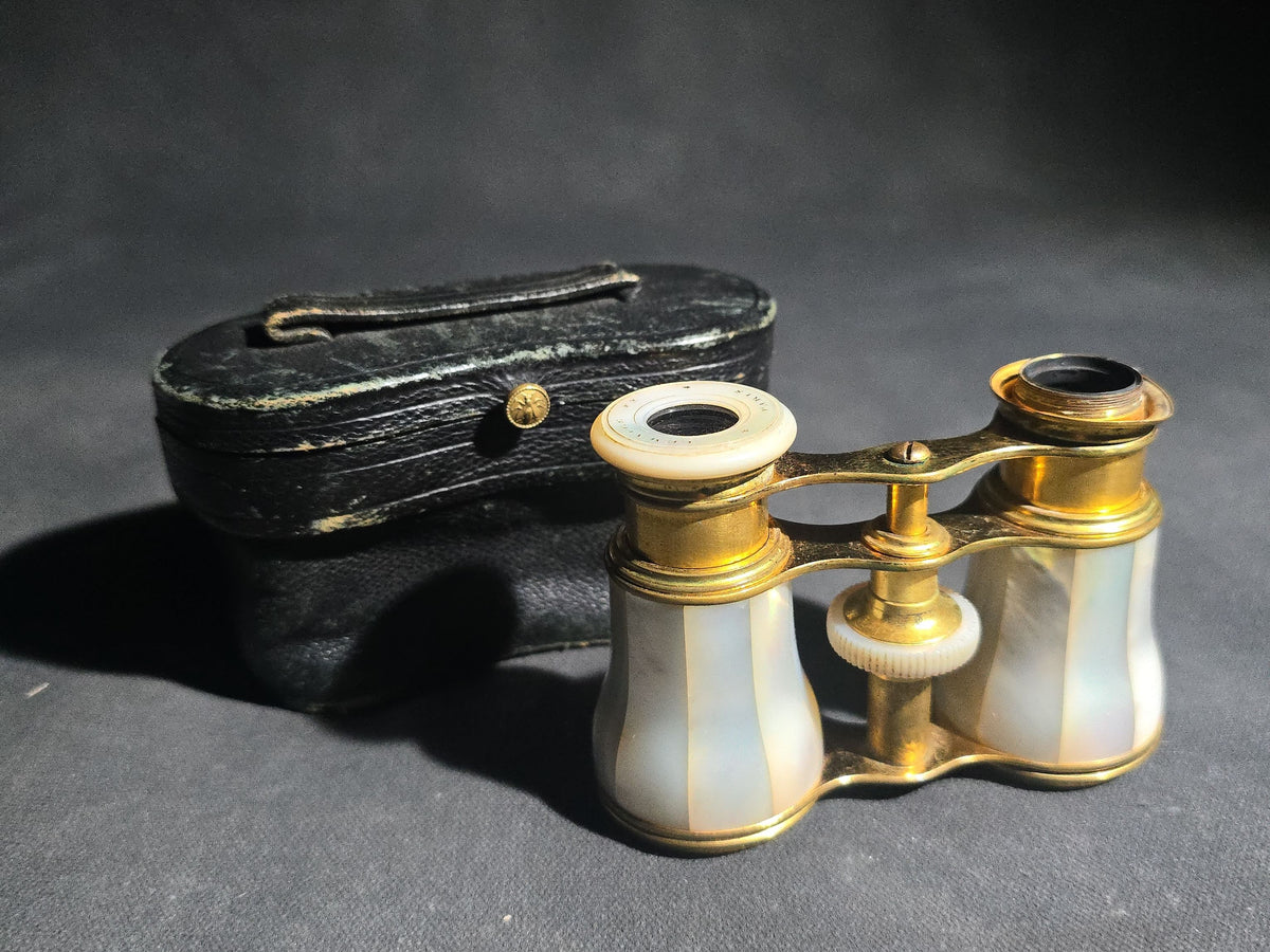 Antique Lemaire Ft Paris Mother of Pearl and Brass Opera Glasses in Leather Case, Note Missing One Eyepiece Lens and End Cap