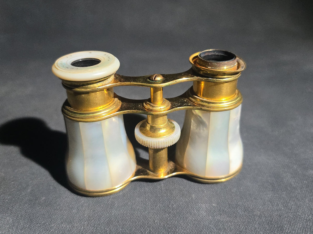 Antique Lemaire Ft Paris Mother of Pearl and Brass Opera Glasses in Leather Case, Note Missing One Eyepiece Lens and End Cap