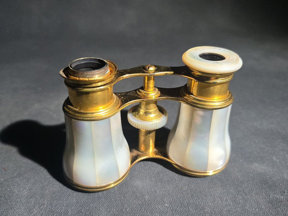 Antique Lemaire Ft Paris Mother of Pearl and Brass Opera Glasses in Leather Case, Note Missing One Eyepiece Lens and End Cap
