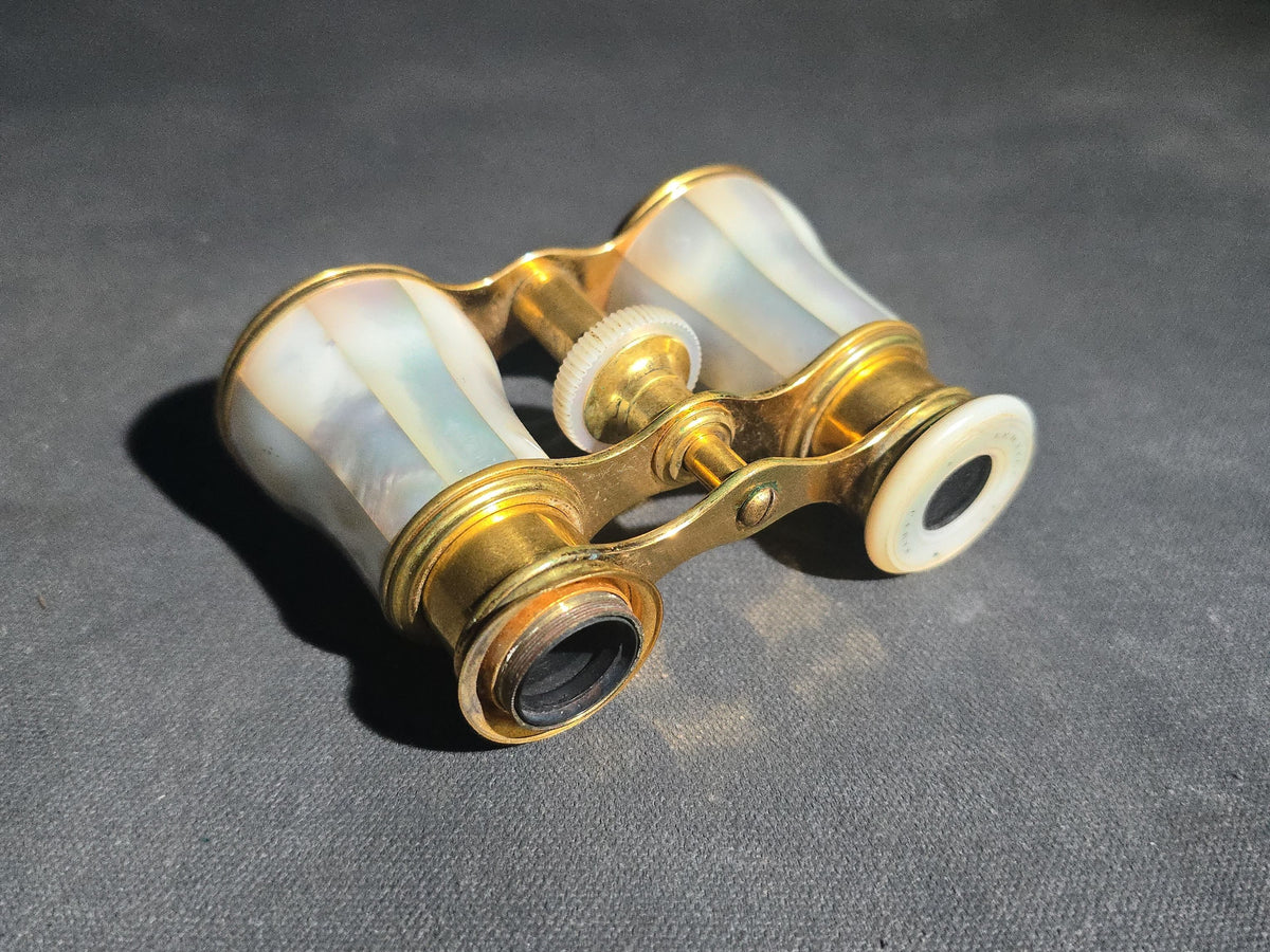Antique Lemaire Ft Paris Mother of Pearl and Brass Opera Glasses in Leather Case, Note Missing One Eyepiece Lens and End Cap