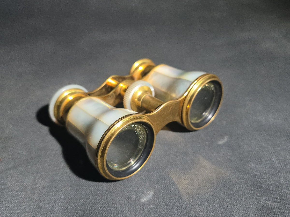 Antique Lemaire Ft Paris Mother of Pearl and Brass Opera Glasses in Leather Case, Note Missing One Eyepiece Lens and End Cap