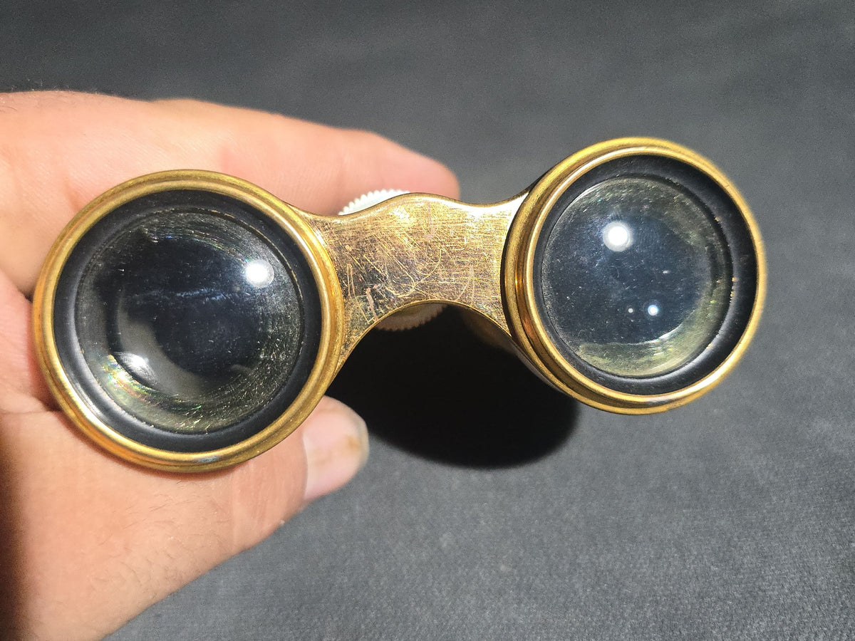 Antique Lemaire Ft Paris Mother of Pearl and Brass Opera Glasses in Leather Case, Note Missing One Eyepiece Lens and End Cap