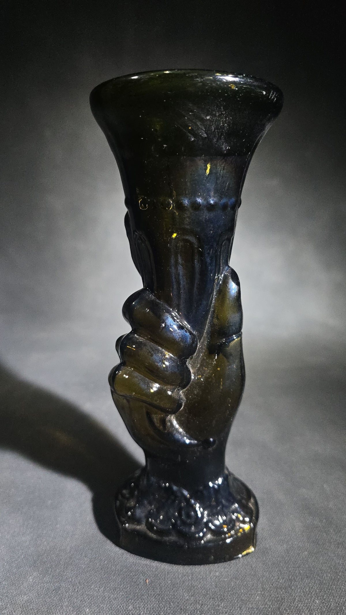Antique Dark Olive Green Glass Hand Vase with Pontil Mark