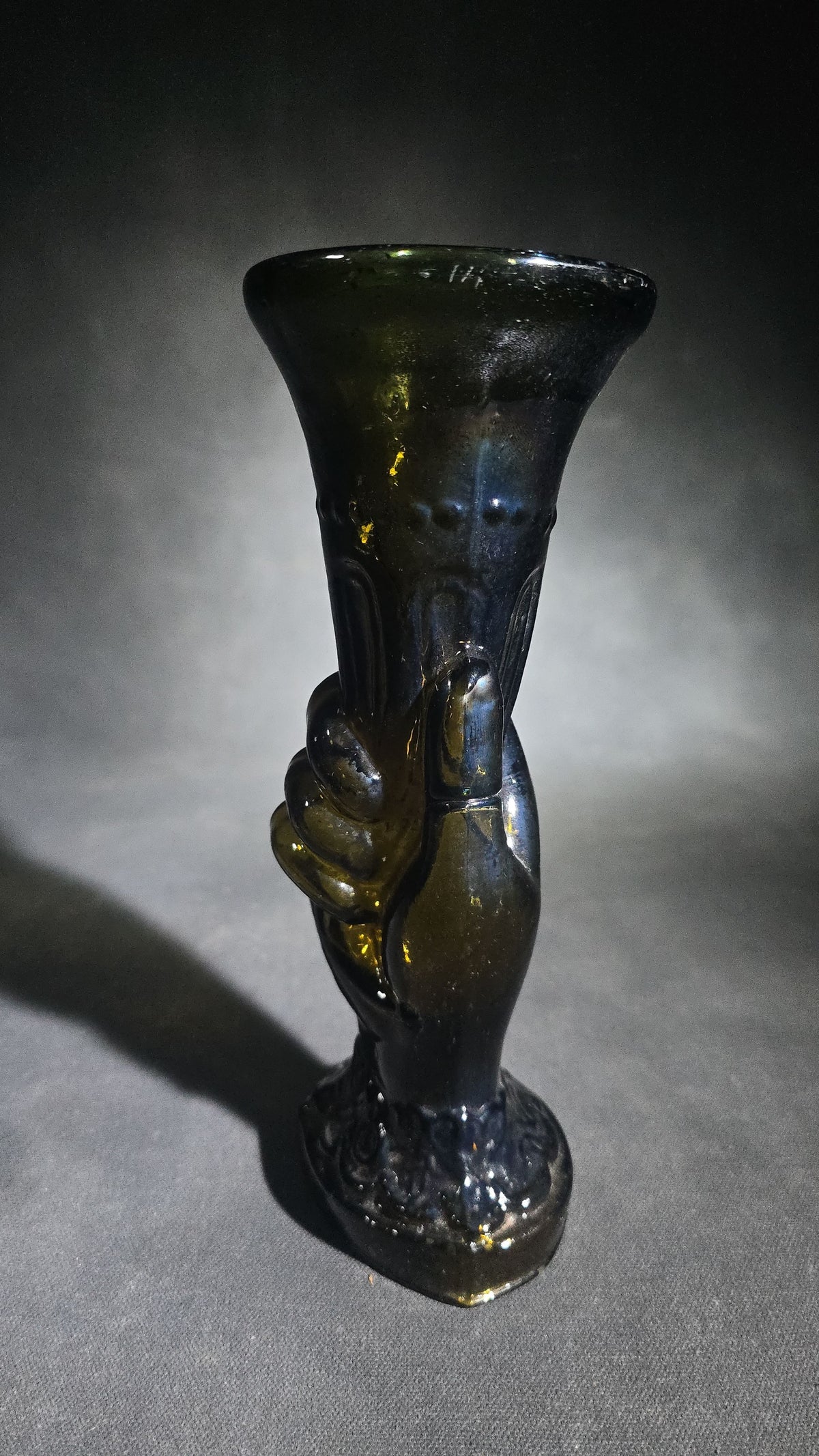 Antique Dark Olive Green Glass Hand Vase with Pontil Mark
