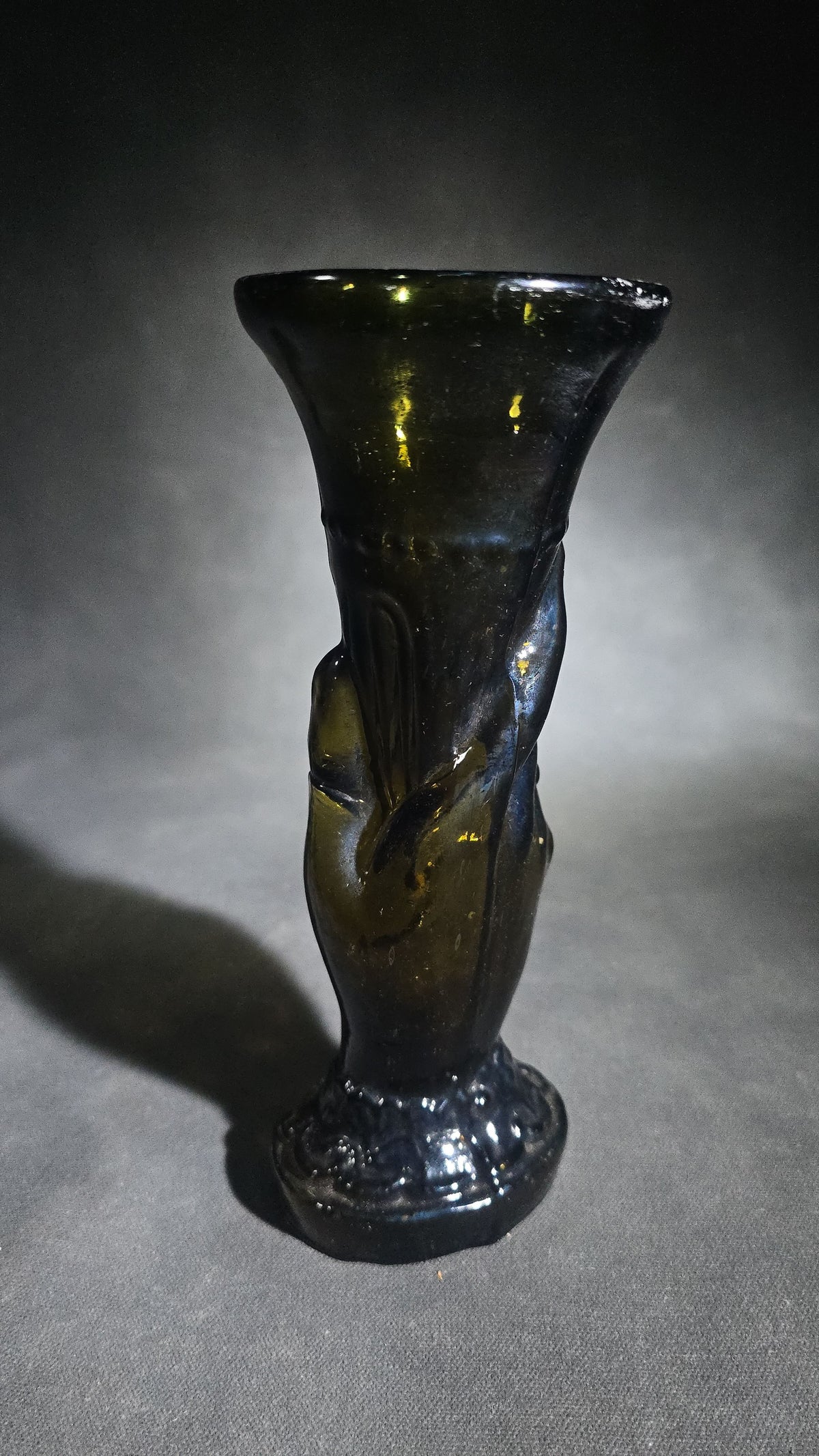 Antique Dark Olive Green Glass Hand Vase with Pontil Mark