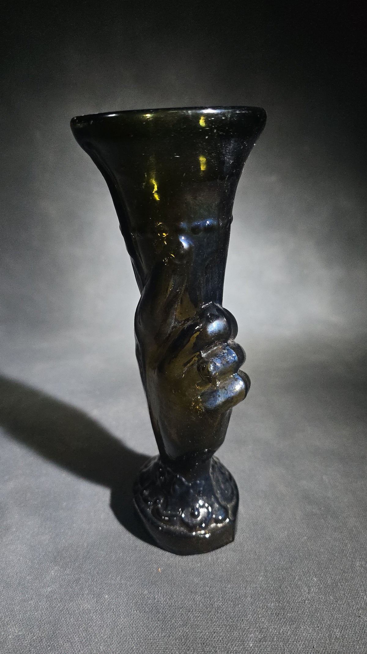 Antique Dark Olive Green Glass Hand Vase with Pontil Mark