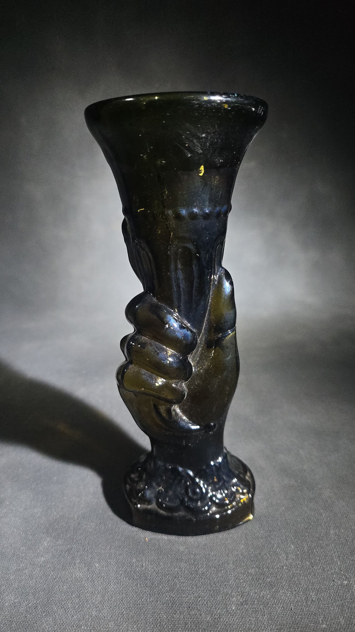 Antique Dark Olive Green Glass Hand Vase with Pontil Mark