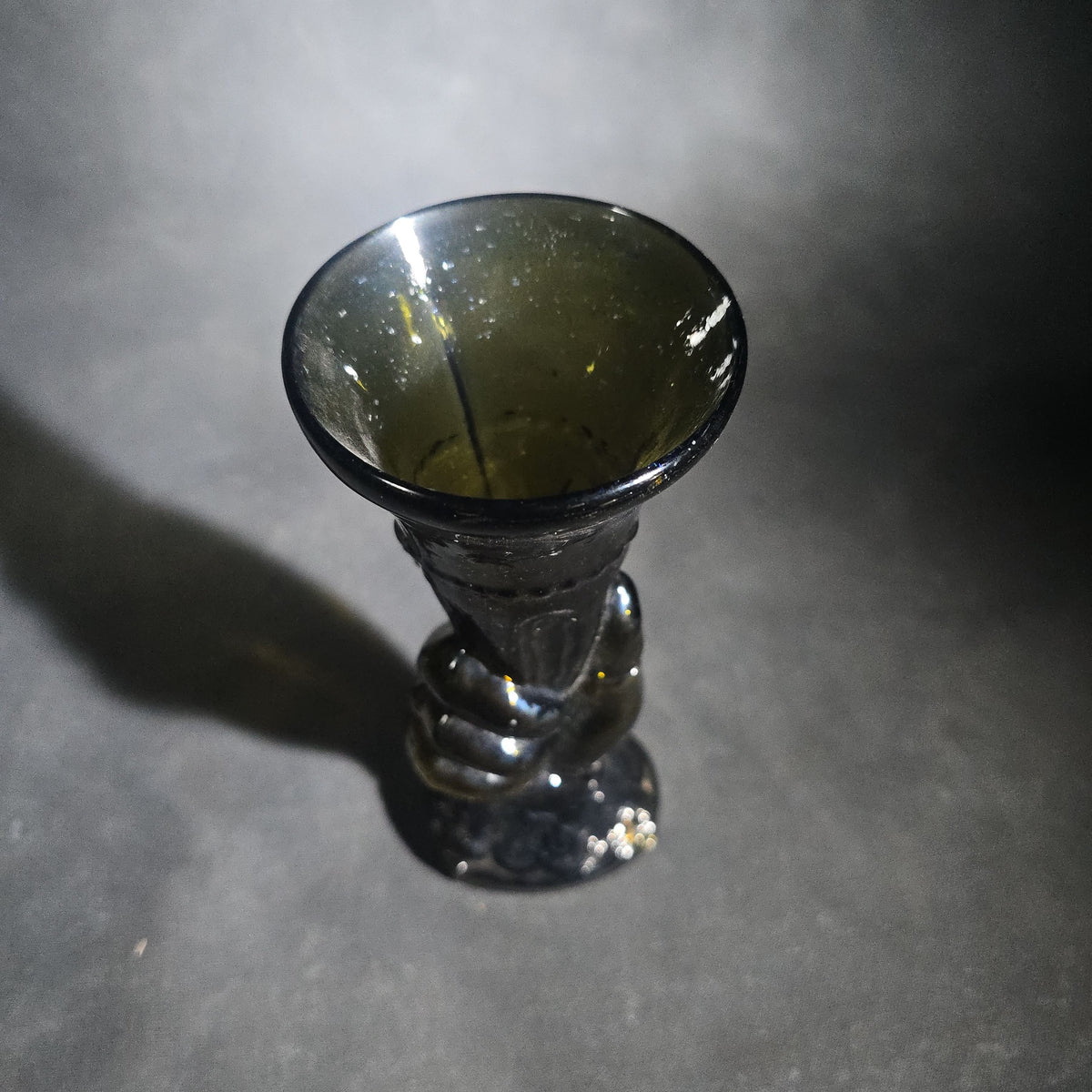 Antique Dark Olive Green Glass Hand Vase with Pontil Mark