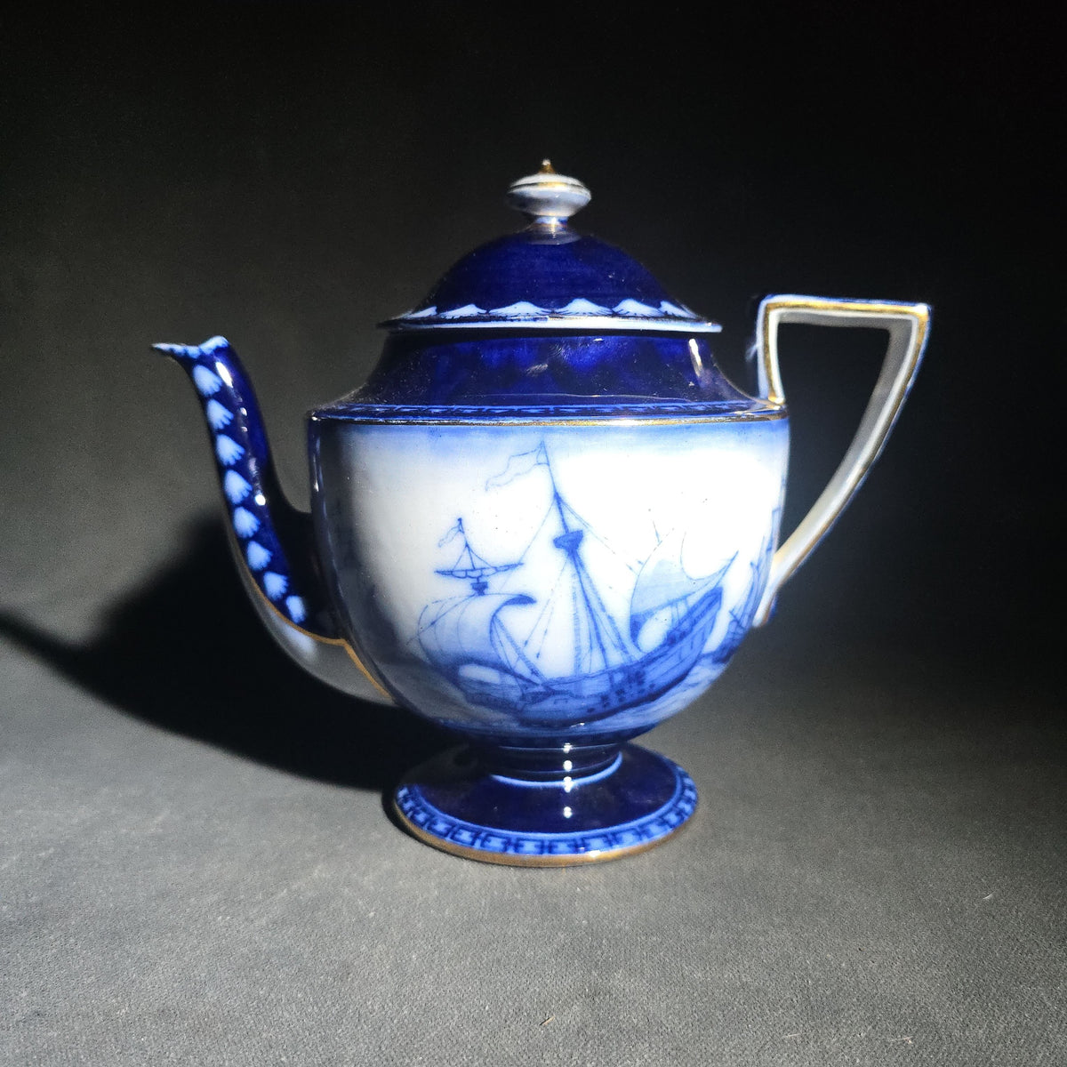 Antique Royal Doulton Burslem "Galleon" Pattern Flow Blue Teapot with Lid, Sailing Ship Motif with Gold Trim, Made in England