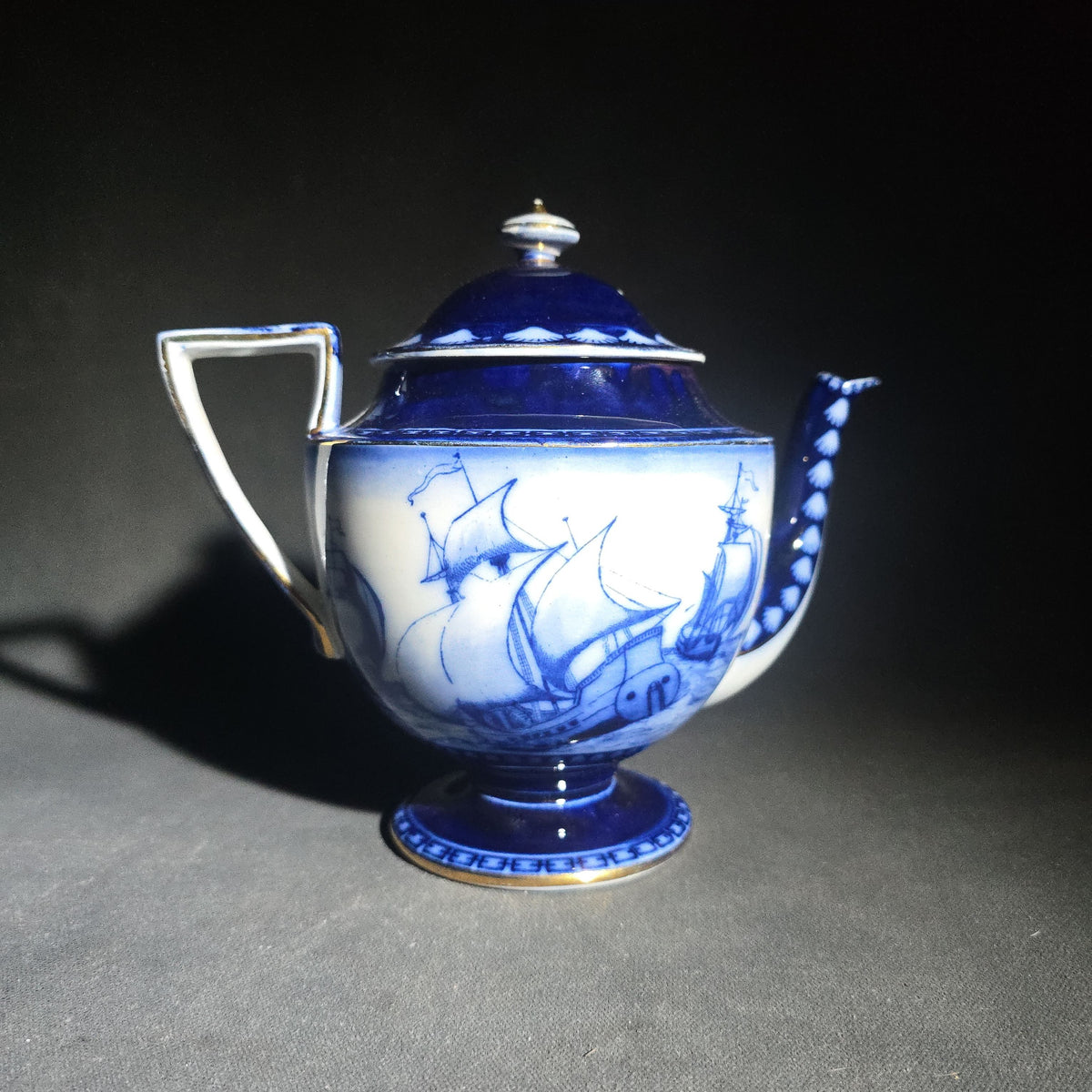 Antique Royal Doulton Burslem "Galleon" Pattern Flow Blue Teapot with Lid, Sailing Ship Motif with Gold Trim, Made in England