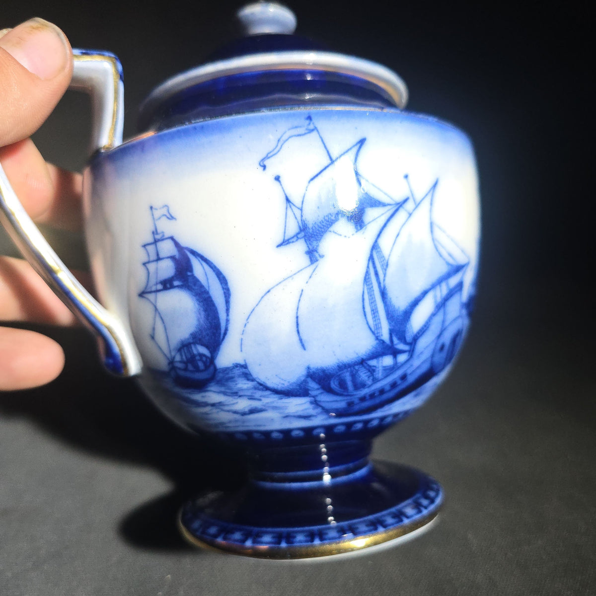 Antique Royal Doulton Burslem "Galleon" Pattern Flow Blue Teapot with Lid, Sailing Ship Motif with Gold Trim, Made in England
