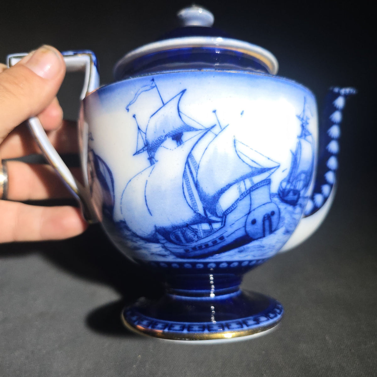 Antique Royal Doulton Burslem "Galleon" Pattern Flow Blue Teapot with Lid, Sailing Ship Motif with Gold Trim, Made in England