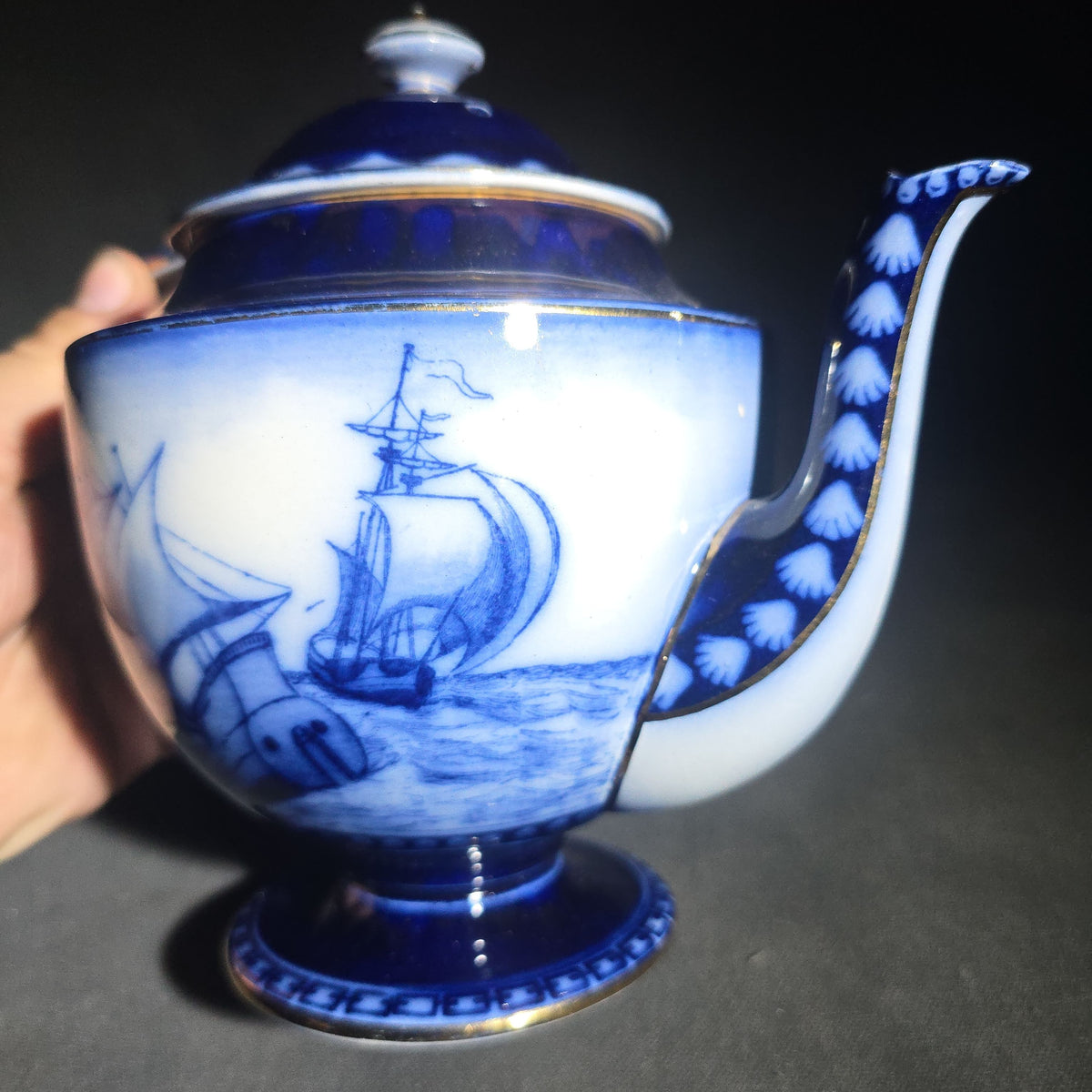 Antique Royal Doulton Burslem "Galleon" Pattern Flow Blue Teapot with Lid, Sailing Ship Motif with Gold Trim, Made in England