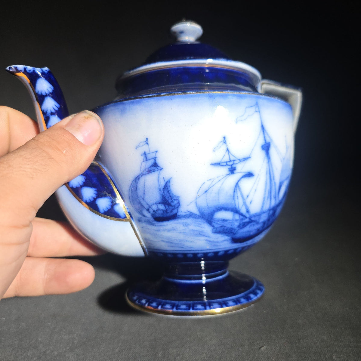 Antique Royal Doulton Burslem "Galleon" Pattern Flow Blue Teapot with Lid, Sailing Ship Motif with Gold Trim, Made in England