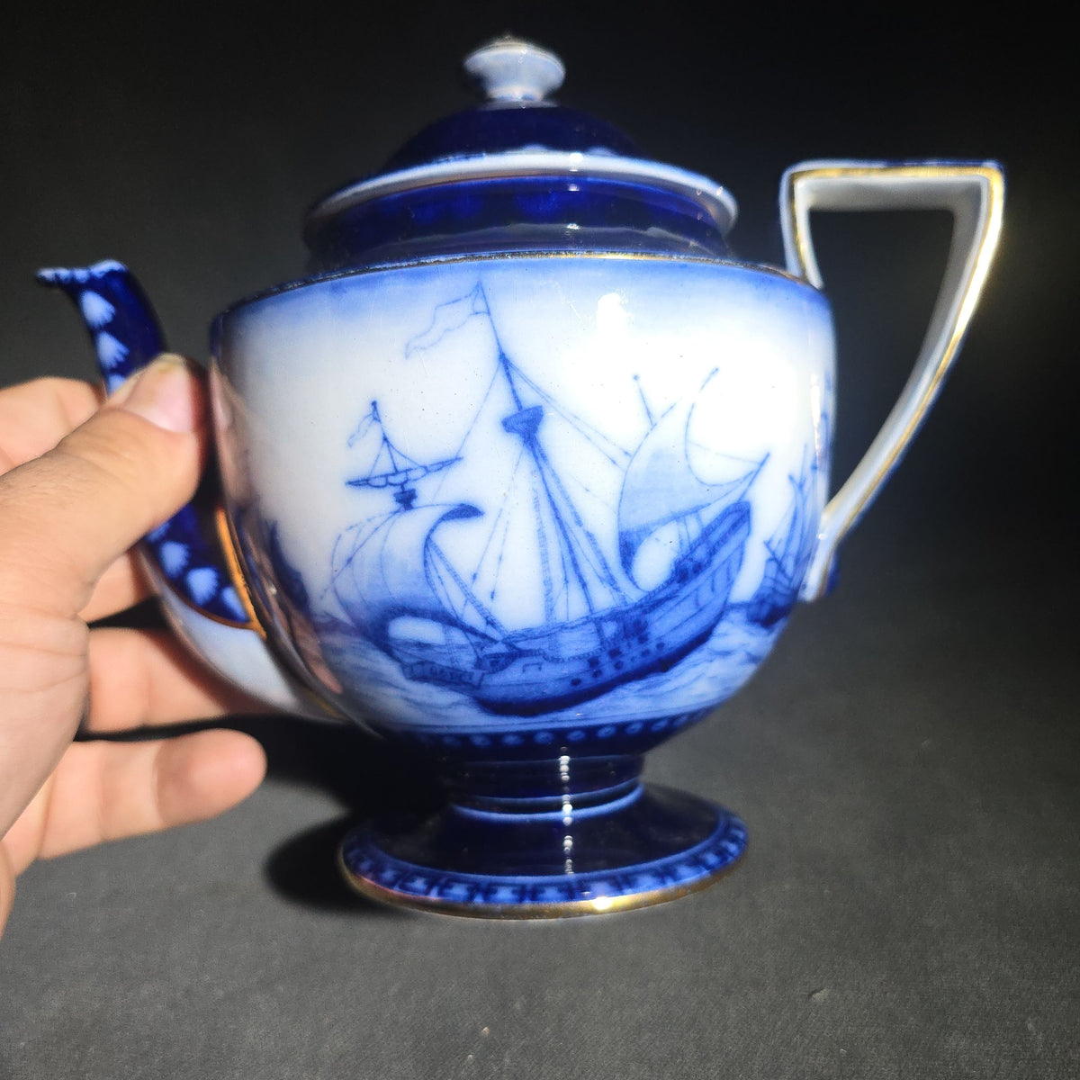 Antique Royal Doulton Burslem "Galleon" Pattern Flow Blue Teapot with Lid, Sailing Ship Motif with Gold Trim, Made in England