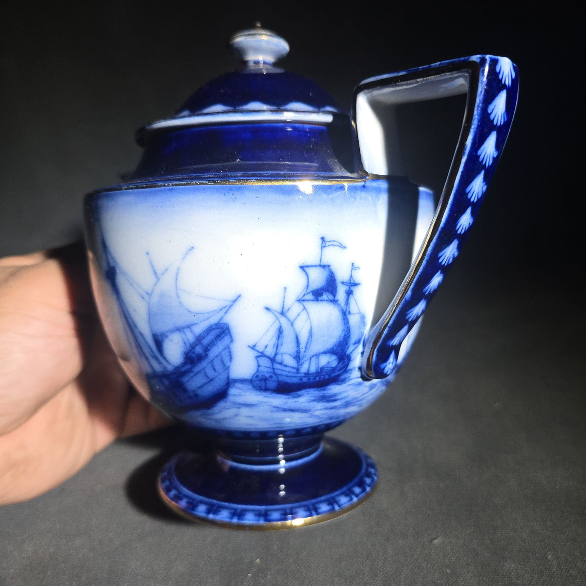 Antique Royal Doulton Burslem "Galleon" Pattern Flow Blue Teapot with Lid, Sailing Ship Motif with Gold Trim, Made in England