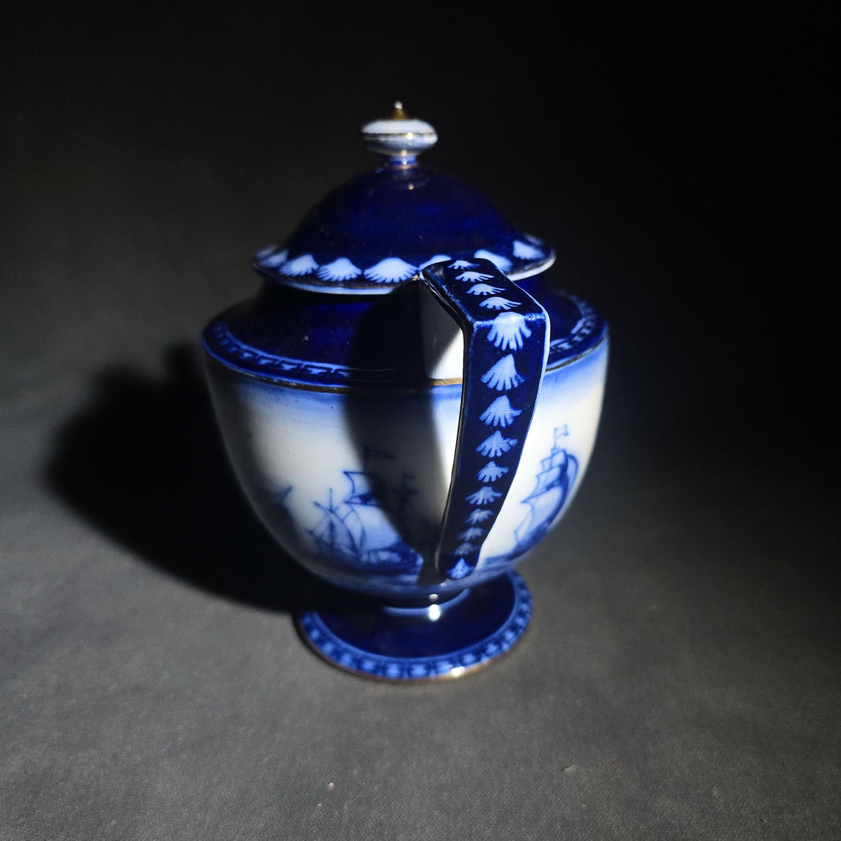 Antique Royal Doulton Burslem "Galleon" Pattern Flow Blue Teapot with Lid, Sailing Ship Motif with Gold Trim, Made in England
