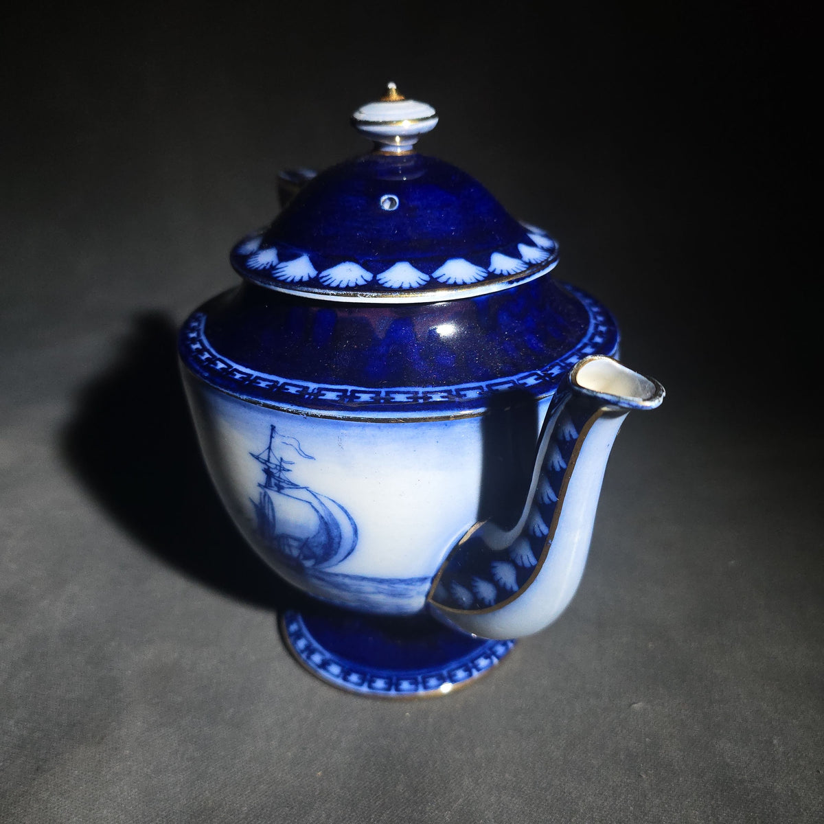 Antique Royal Doulton Burslem "Galleon" Pattern Flow Blue Teapot with Lid, Sailing Ship Motif with Gold Trim, Made in England
