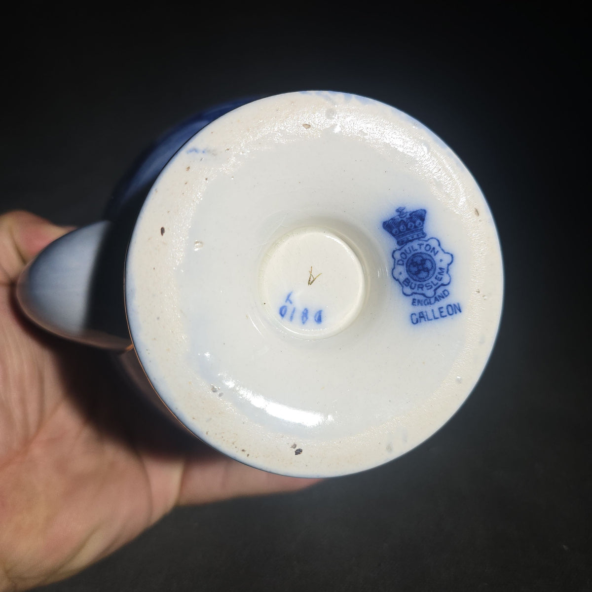 Antique Royal Doulton Burslem "Galleon" Pattern Flow Blue Teapot with Lid, Sailing Ship Motif with Gold Trim, Made in England