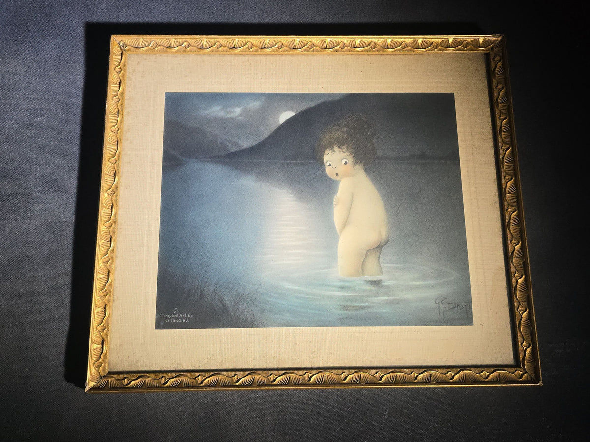 Antique Framed "September Moon" Chromolithograph Print by G. G. Drayton, No. 2525, Published by Campbell Art Company, New York, Verse Copyrighted 1913
