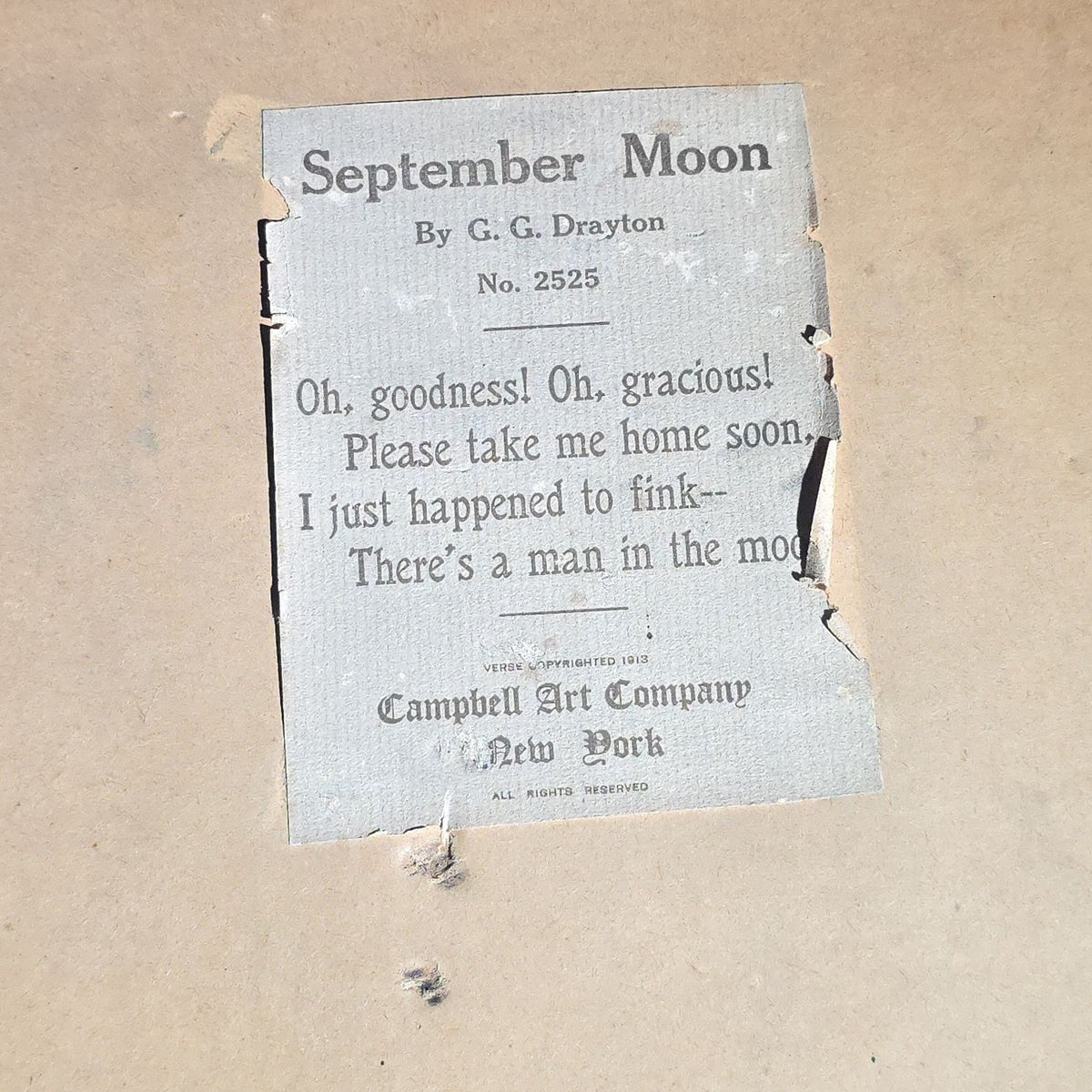 Antique Framed "September Moon" Chromolithograph Print by G. G. Drayton, No. 2525, Published by Campbell Art Company, New York, Verse Copyrighted 1913