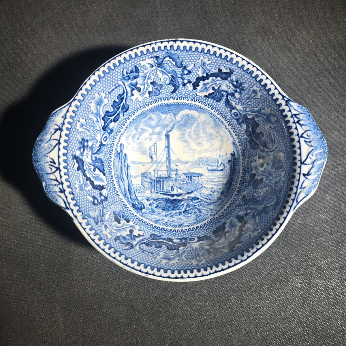 Vintage Johnson Bros. England "Historic America" Blue Transferware Lugged Cereal Bowl, "Ferry Boat" Pattern, Brooklyn, New York