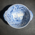 Lot 122 - Vintage Johnson Bros. England "Historic America" Blue Transferware Lugged Cereal Bowl, "Ferry Boat" Pattern, Brooklyn, New York, 6" L x 2" H