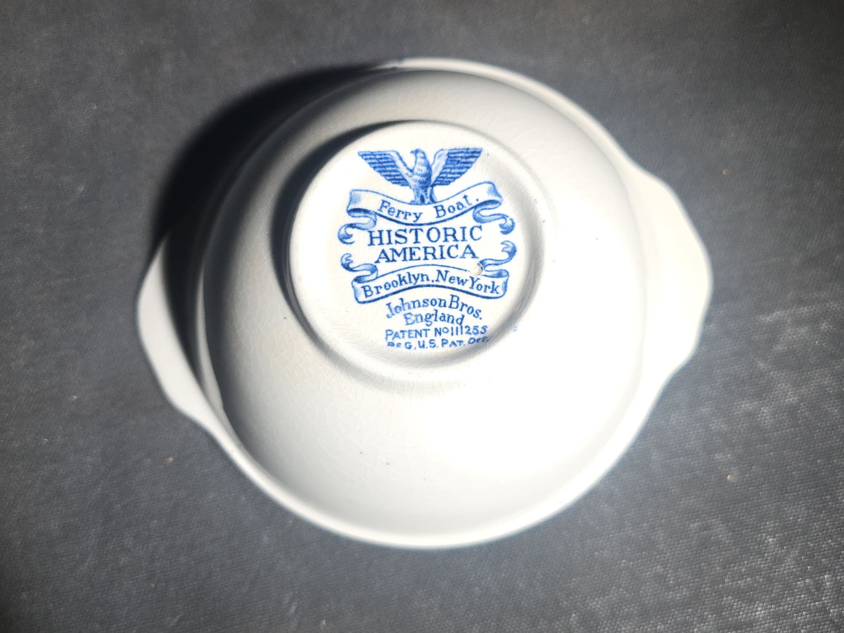 Vintage Johnson Bros. England "Historic America" Blue Transferware Lugged Cereal Bowl, "Ferry Boat" Pattern, Brooklyn, New York
