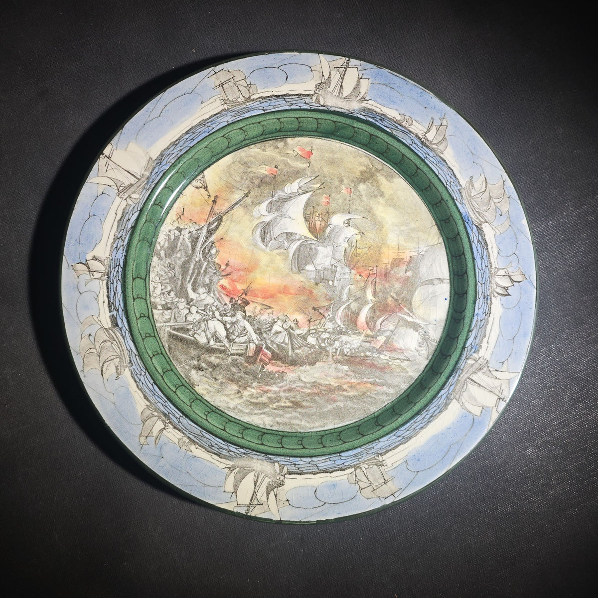 Antique Royal Doulton "The Spanish Armada" Transferware Plate with Naval Battle Scene and Sailing Ship Border, England