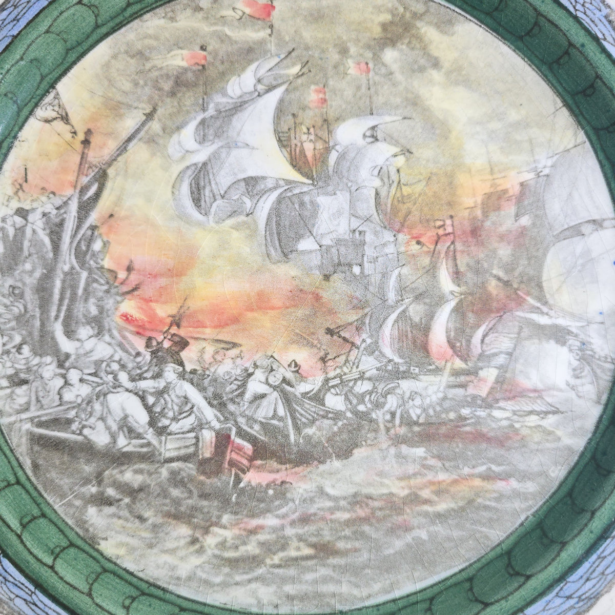 Antique Royal Doulton "The Spanish Armada" Transferware Plate with Naval Battle Scene and Sailing Ship Border, England