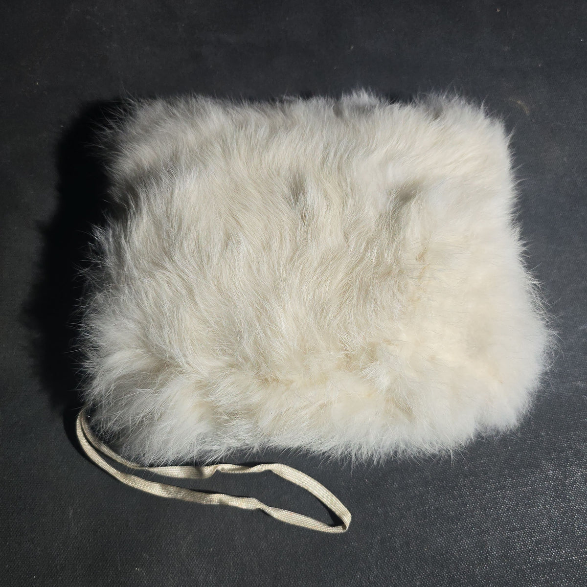 Antique White Fur Hand Muff with Satin Lining and Wrist Strap
