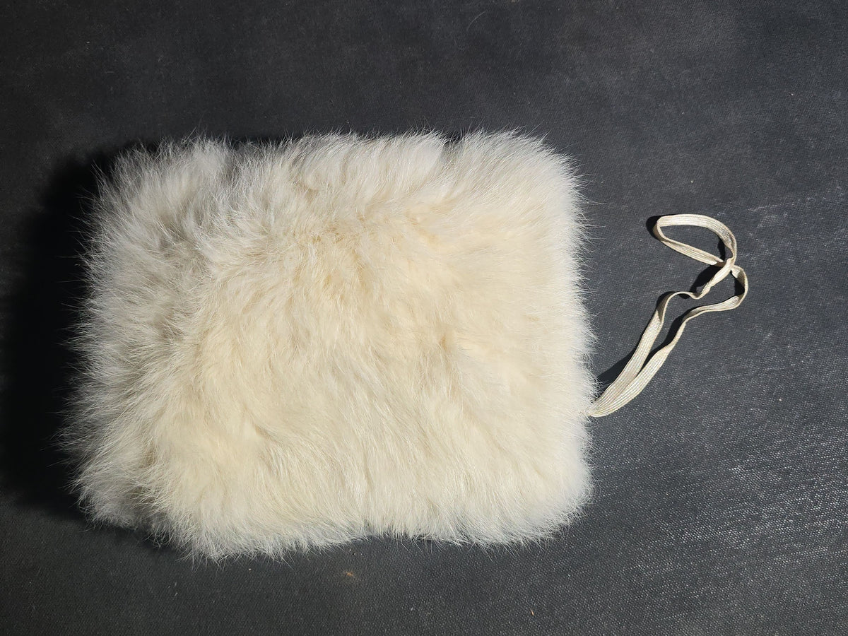 Antique White Fur Hand Muff with Satin Lining and Wrist Strap