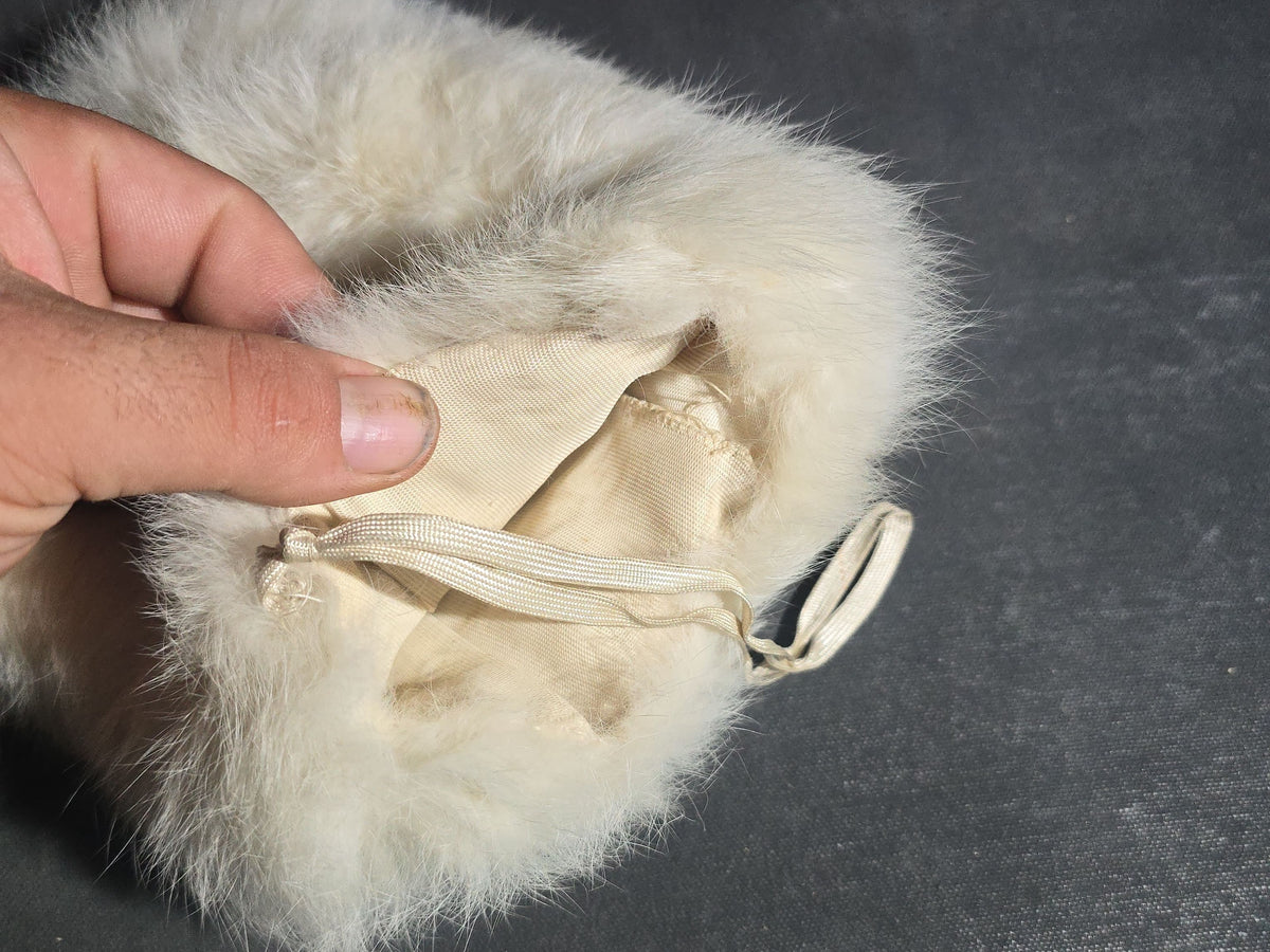 Antique White Fur Hand Muff with Satin Lining and Wrist Strap