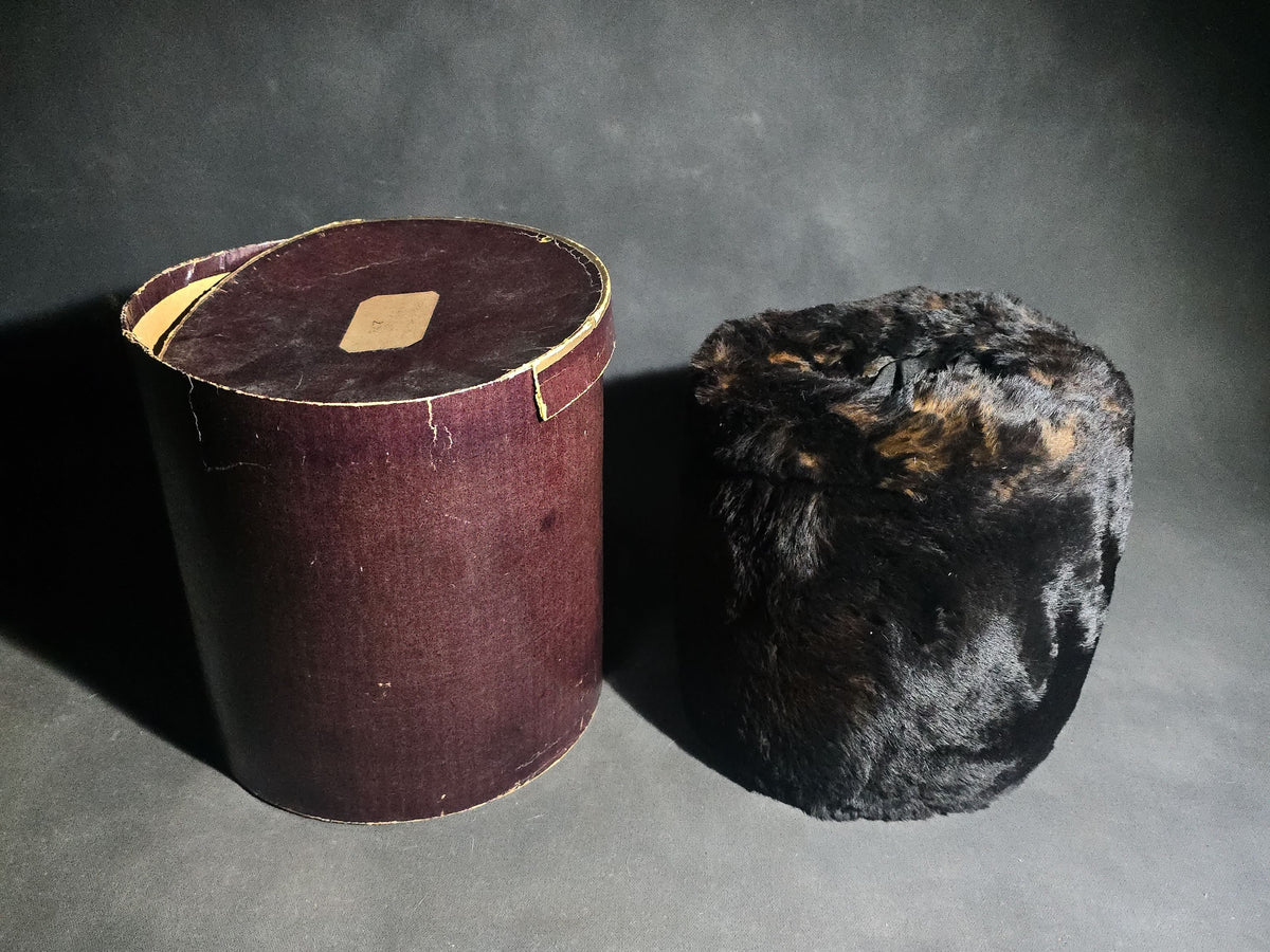 Antique Fur Hand Muff with Dark Fabric Lining in Original Round Hat Box with Pencil-Inscribed Label on Lid