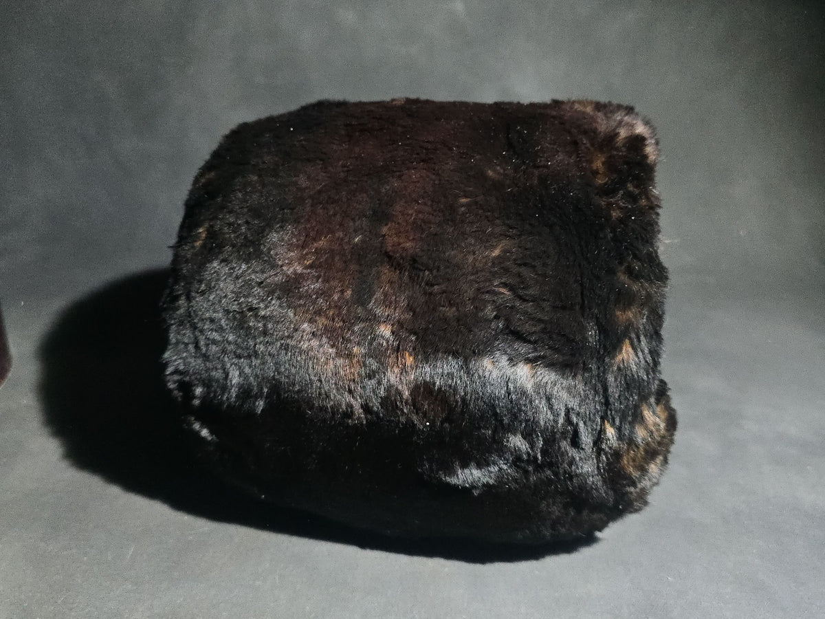 Antique Fur Hand Muff with Dark Fabric Lining in Original Round Hat Box with Pencil-Inscribed Label on Lid