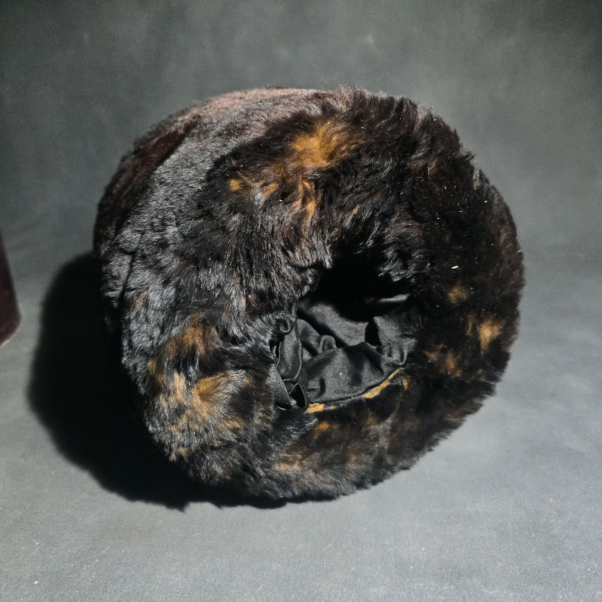 Antique Fur Hand Muff with Dark Fabric Lining in Original Round Hat Box with Pencil-Inscribed Label on Lid