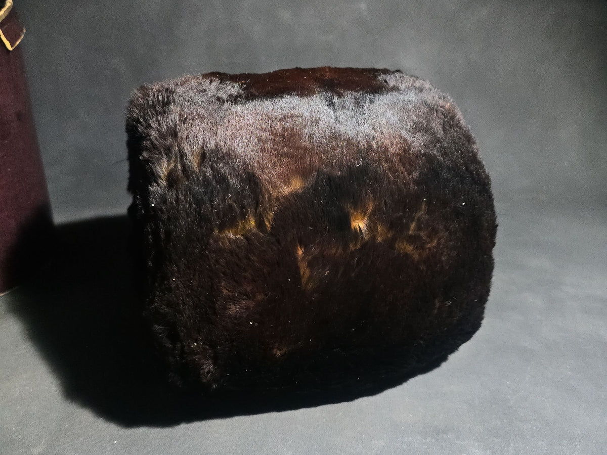 Antique Fur Hand Muff with Dark Fabric Lining in Original Round Hat Box with Pencil-Inscribed Label on Lid