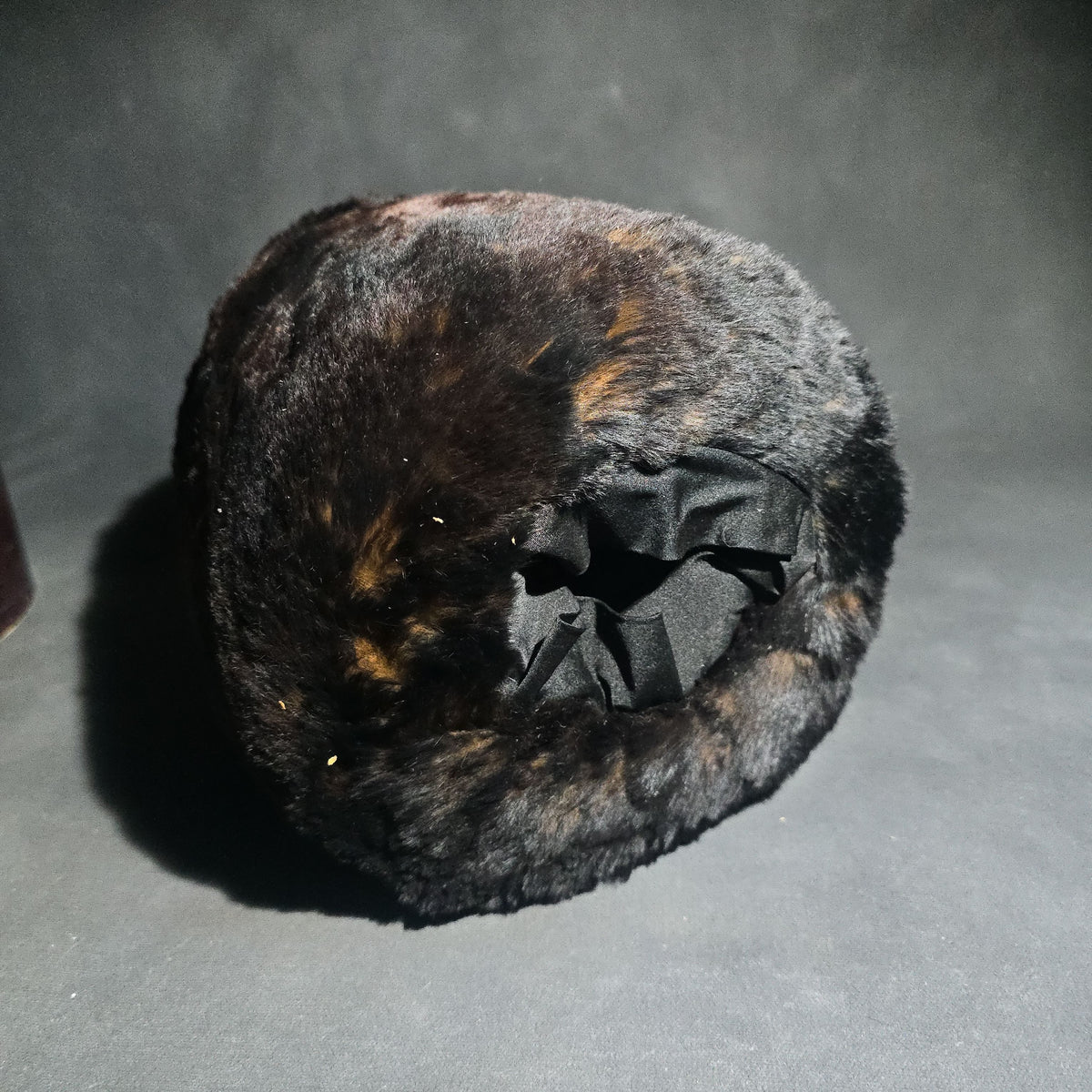 Antique Fur Hand Muff with Dark Fabric Lining in Original Round Hat Box with Pencil-Inscribed Label on Lid