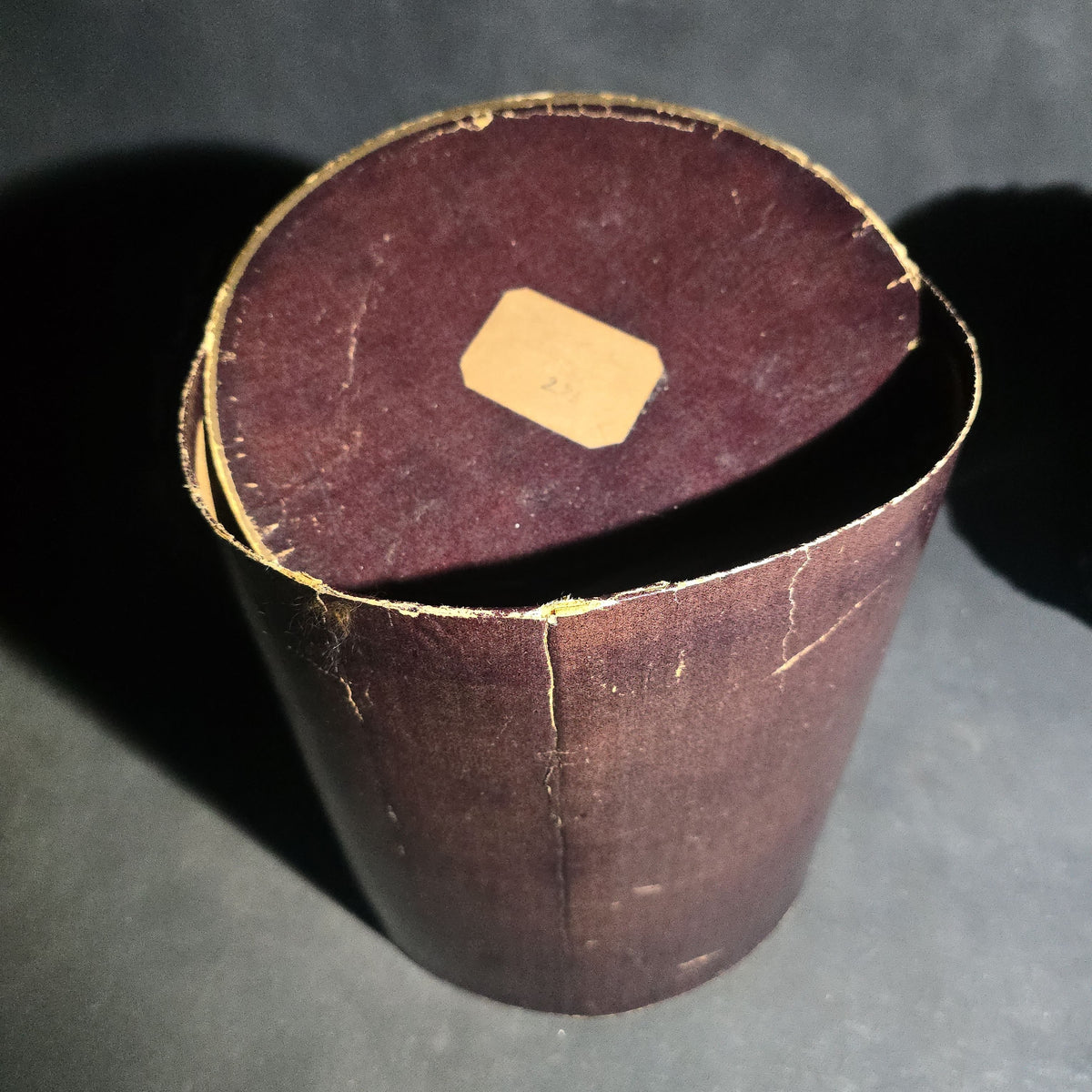 Antique Fur Hand Muff with Dark Fabric Lining in Original Round Hat Box with Pencil-Inscribed Label on Lid