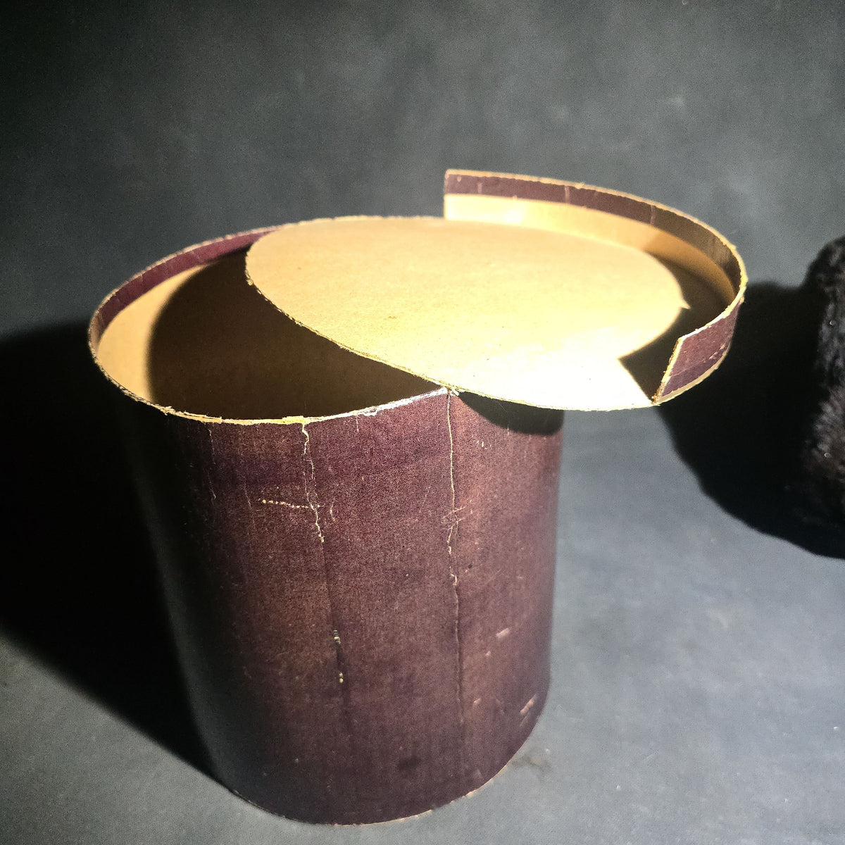 Antique Fur Hand Muff with Dark Fabric Lining in Original Round Hat Box with Pencil-Inscribed Label on Lid
