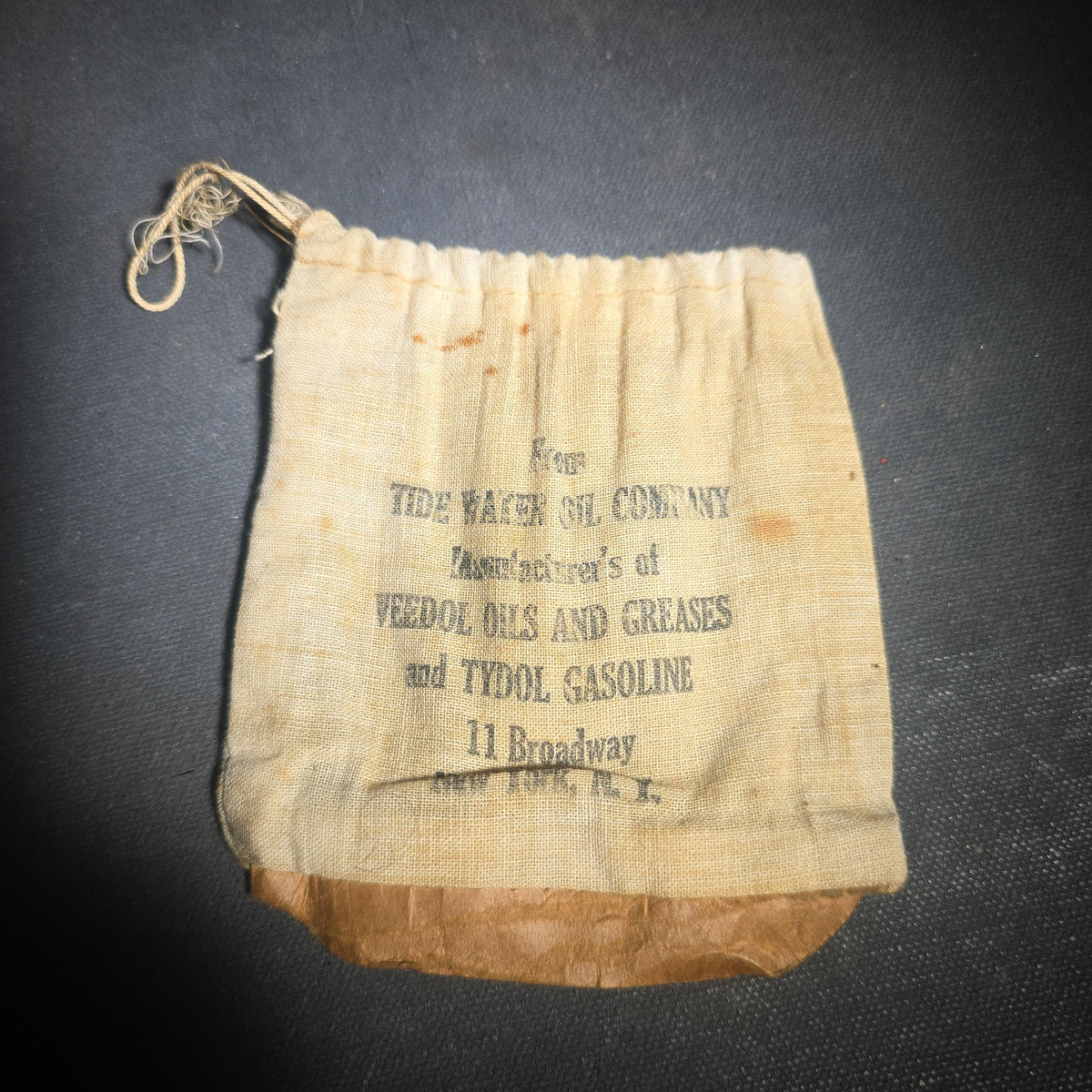 Vintage Advertising Drawstring Cloth Bag from Tide Water Oil Company, Manufacturers of Veedol Oils and Greases and Tydol Gasoline, 11 Broadway, New York, New York