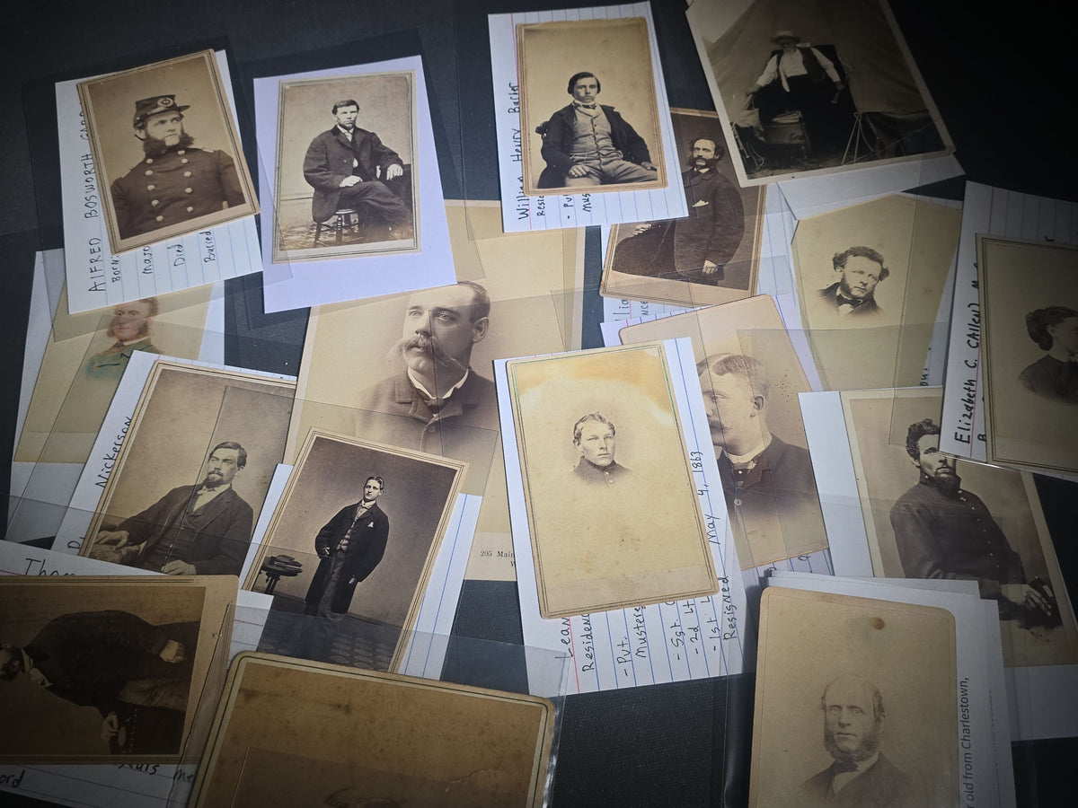Grouping of Antique Carte De Visite C.D.V. and Cabinet Card Photographs of Civil War Veterans and Rhode Island Military Figures with Handwritten Biographical Research Notes