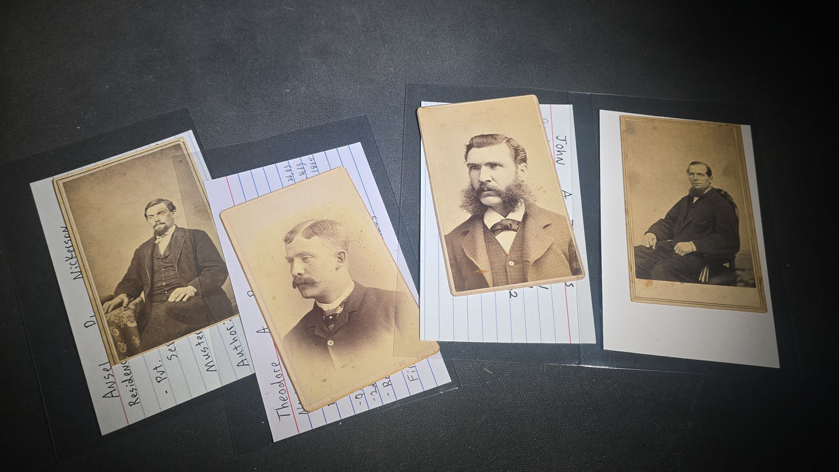 Grouping of Antique Carte De Visite C.D.V. and Cabinet Card Photographs of Civil War Veterans and Rhode Island Military Figures with Handwritten Biographical Research Notes