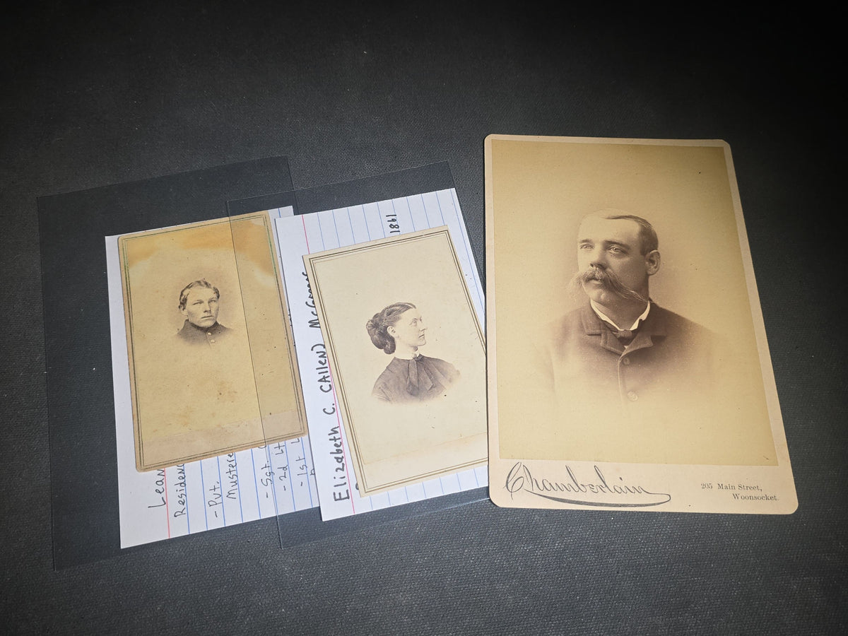 Grouping of Antique Carte De Visite C.D.V. and Cabinet Card Photographs of Civil War Veterans and Rhode Island Military Figures with Handwritten Biographical Research Notes