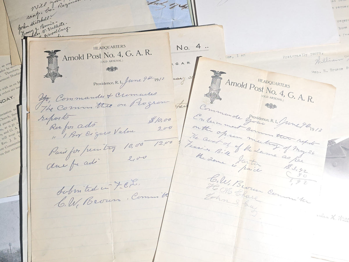 Antique and Vintage Rhode Island Grand Army of the Republic G.A.R. Ephemera Archive including Prescott Post No. 1, Arnold Post No. 4, Slocum Post No. 10, and George H. Browne Post No. 25, Providence and Pawtucket