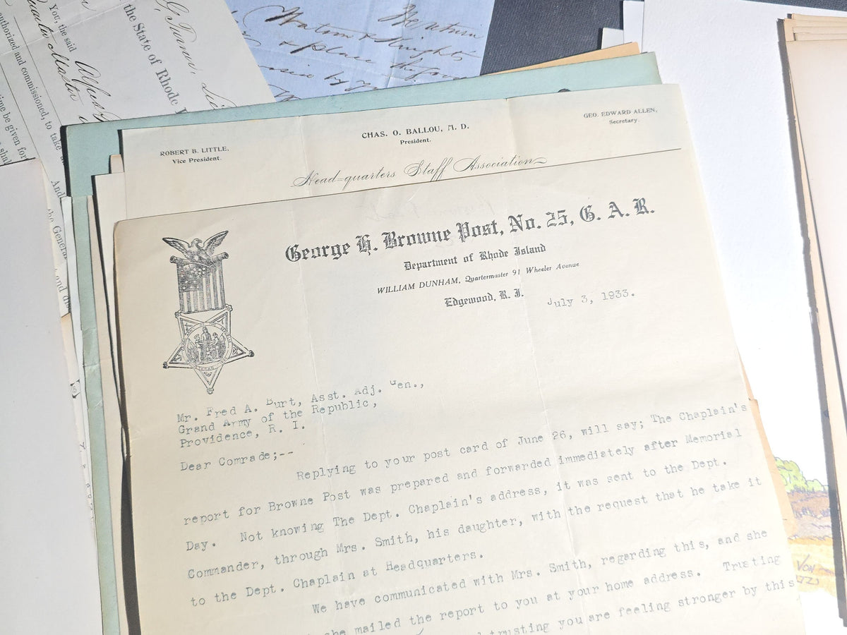 Antique and Vintage Rhode Island Grand Army of the Republic G.A.R. Ephemera Archive including Prescott Post No. 1, Arnold Post No. 4, Slocum Post No. 10, and George H. Browne Post No. 25, Providence and Pawtucket