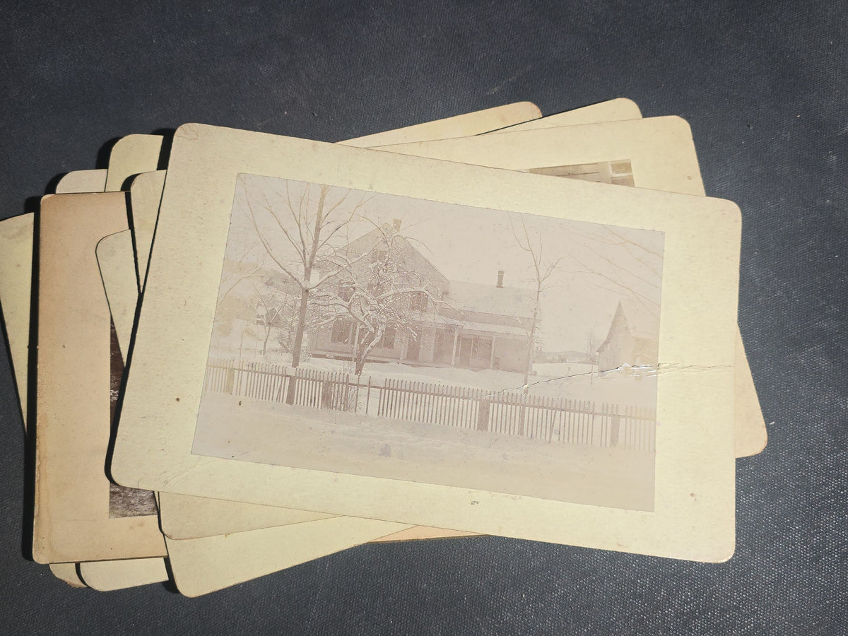 Grouping of 11 Antique Board-Mounted Photographs, Circa 1890s, including Woman with Bicycle, Boy with Donkey in Snow, Boy with Dogs, Family Portrait, Women on Porch, and Winter House Scenes