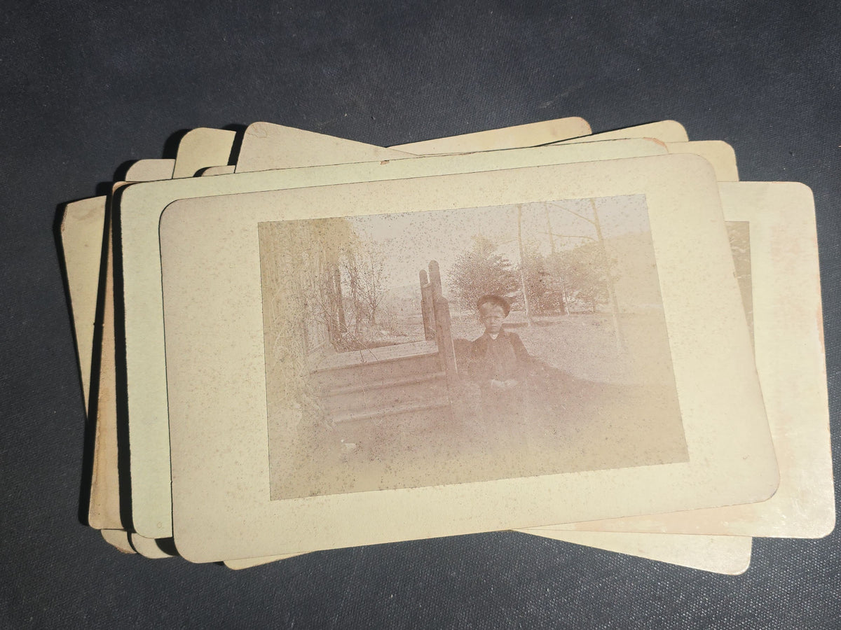 Grouping of 11 Antique Board-Mounted Photographs, Circa 1890s, including Woman with Bicycle, Boy with Donkey in Snow, Boy with Dogs, Family Portrait, Women on Porch, and Winter House Scenes