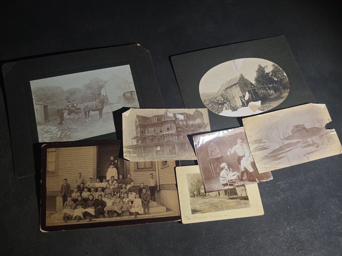 Grouping of Seven Antique Photographs including Board-Mounted Horse and Buggy, Oval-Cropped Barn, School Class with Names Inscribed, Large Victorian Building, "The Ormsbee House," Two Children with Birdcage, and Winter Hilltop View